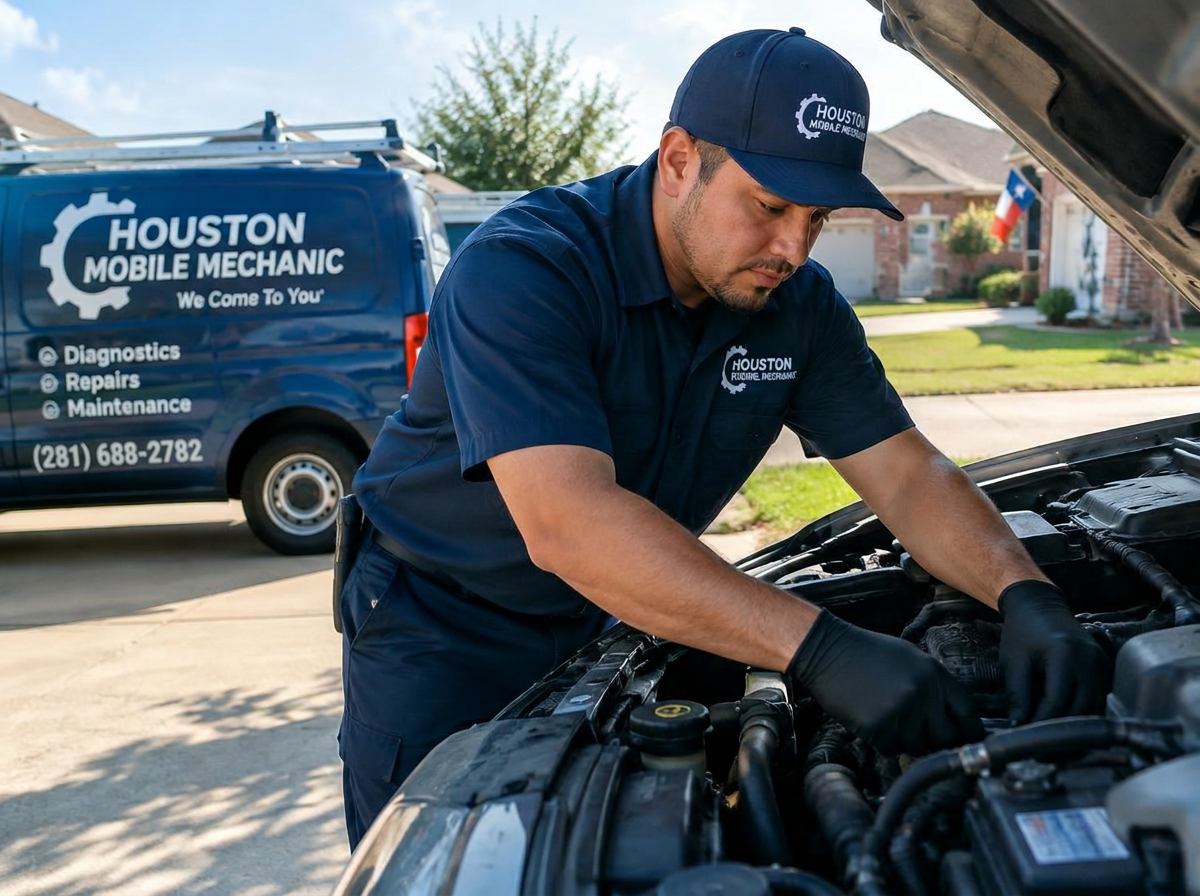 Mobile mechanic repairing a car engine in a Houston driveway